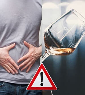 Man holding stomach, wine glass and alert sign