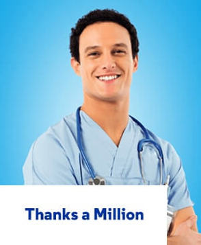 Smiling doctor with Thanks a Million logo